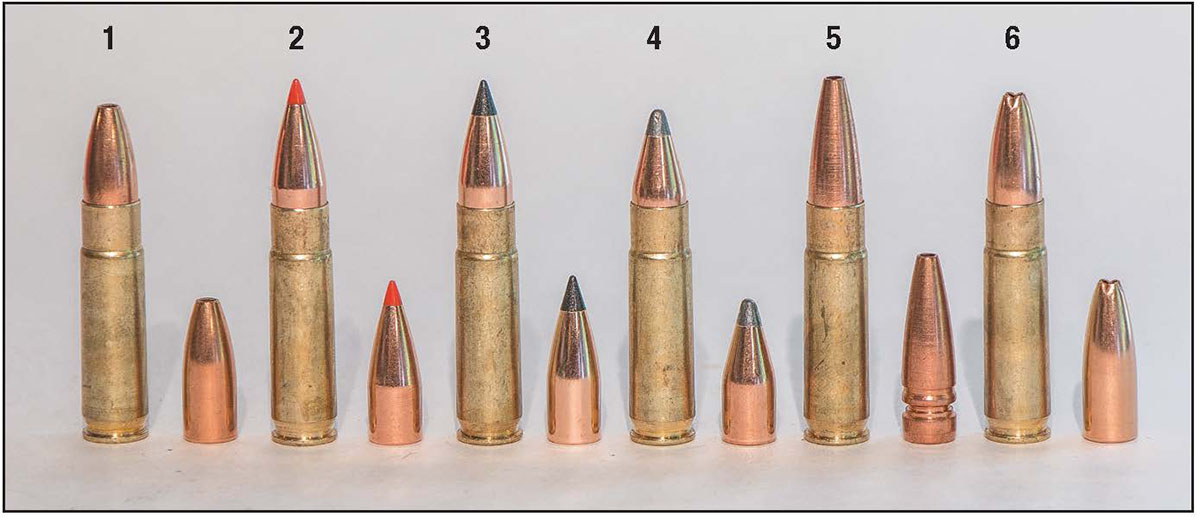 Six different lightweight varmint bullets were tested in two different 300 Blackout rifles, from left: (1) Sierra 110-grain Varminter HP, (2) Hornady 110 V-MAX, (3) Nosler 110 Varmageddon, (4) Speer 110 SP, (5) Lehigh Defense 115 Chaos and (6) Sierra 135-grain Varminter HP.